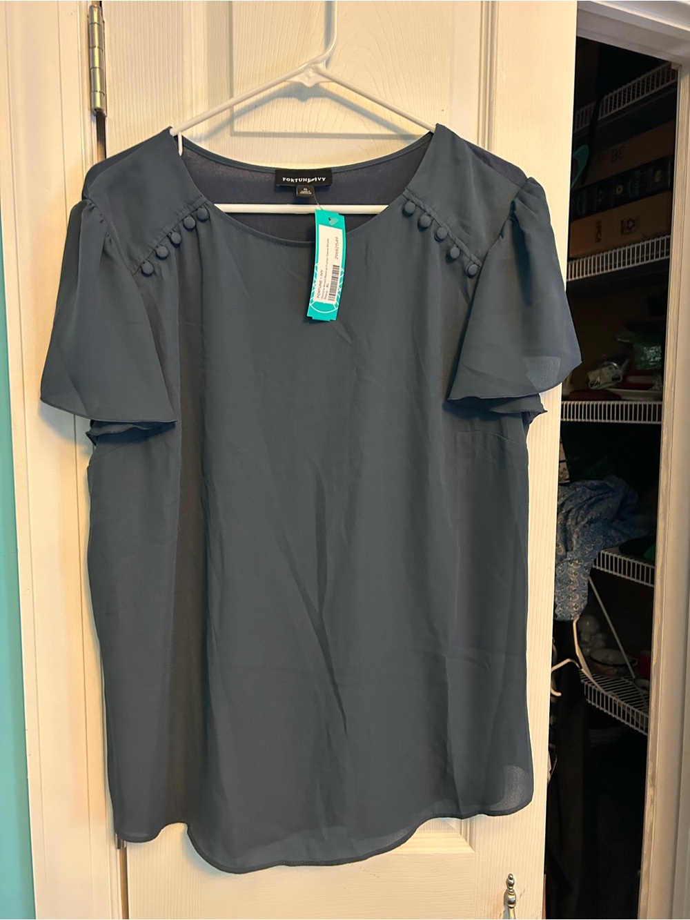 Fortune + ivy Slate Blue Short Flutter-Sleeve Blouse